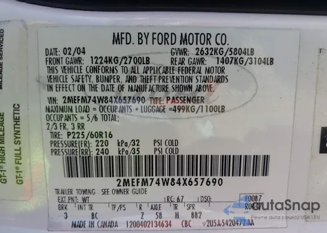 2004 Mercury Grand Marquis Gs from USA, damaged, VIN 2MEFM74W84X657690